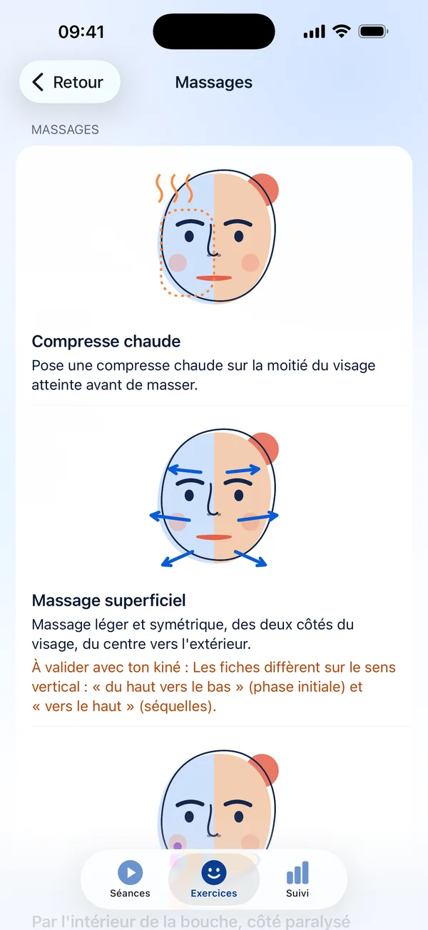 Massages : compresse chaude et massage superficiel illustrés.